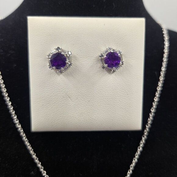 Sterling Silver 925 Purple Amethyst Necklace Studs Earrings Set Cubic Zirconia - Picture 2 of 5